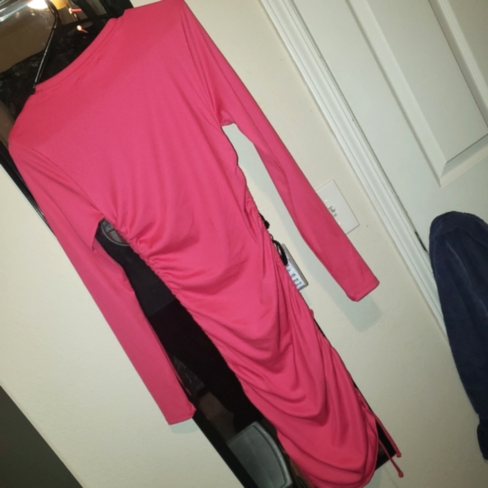 Bright Pink Long Sleeve Ruched Dress | Sz S - Picture 3 of 4